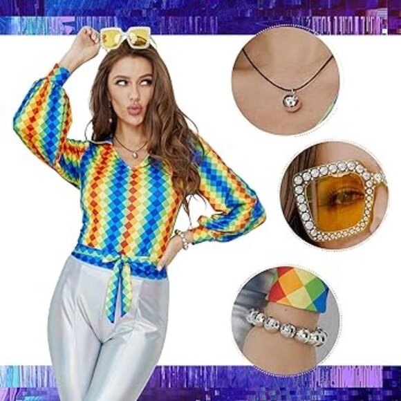 NWT Joy Bang 70s Disco Costume Set Size S with Rainbow Top Silver Bell-Bottoms - Picture 8 of 8